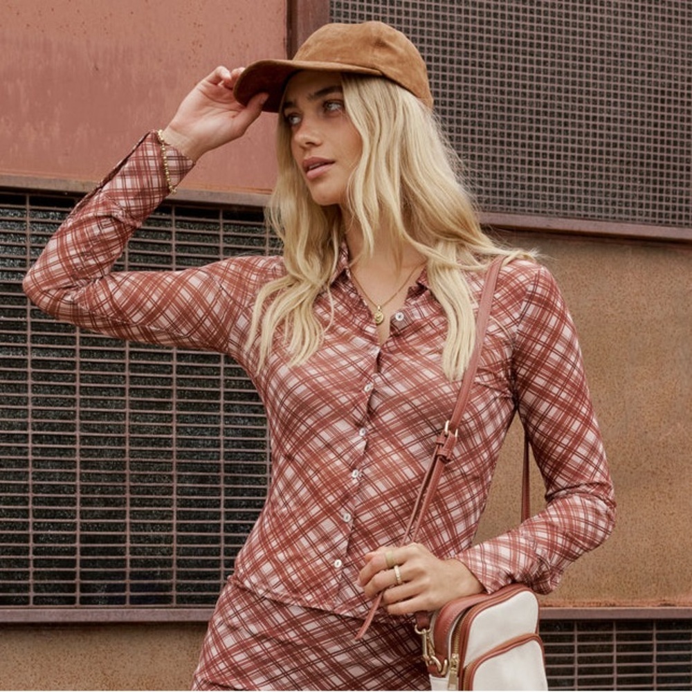 NWT Bohme Pinot Brown/White Sheer Mesh Button Up Lightweight Plaid Blouse Small